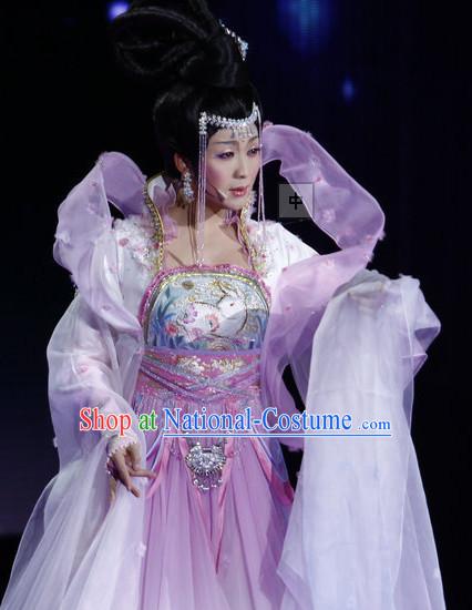 Li Yugang Chang E Moon Goddess Costumes and Hair Accessories Complete Set with Long Trail