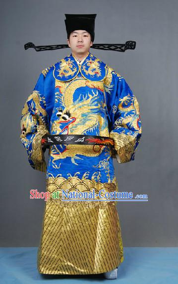 Blue Chinese Classical Peking Opera Embroidered Dragon Robe and Hat