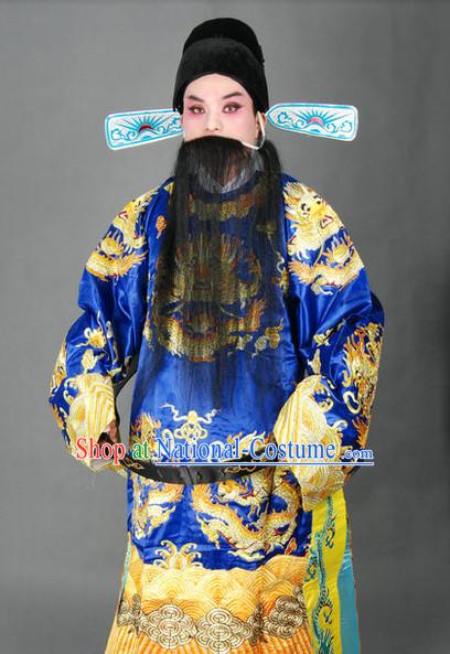 Blue Chinese Classical Peking Opera Embroidered Dragon Robe and Hat