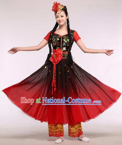 Chinese Classic Red Stage Performance Xinjiang Dancing Suit and Hat