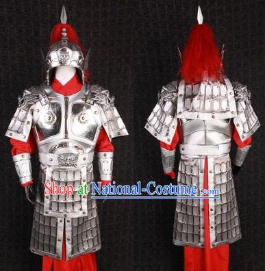 Ancient Chinese Silver General Armor Outfits and Helmet Complete Set