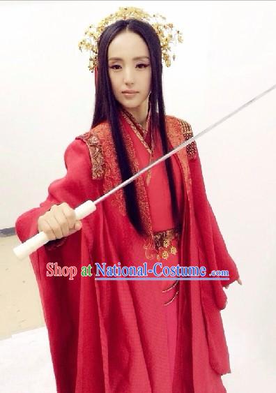 Ancient Chinese TV Drama Red Wedding Dress and Headdress Complete Set