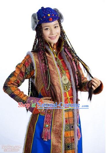 Traditional Tibetan Royal Female Outfits and Headwear Complete Set