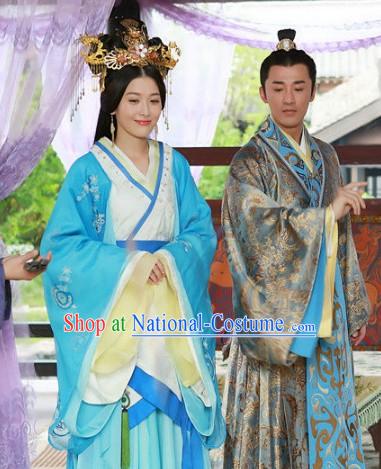 Chinese Han Clothing Husband and White Royal Palace Dresses and Hair Accessories Complete Set