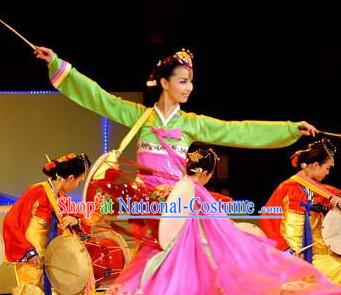 Professional Stage Performance Korean Ethnic Long Drum Dance Costumes and Headwear Complete Set