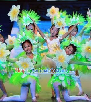 White and Green Jasmine Flower Dancewear Costume and Headwear Complete Set for Kids