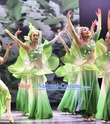 White and Green Jasmine Flower Dancewear Costumes and Headwear Complete Set for Women