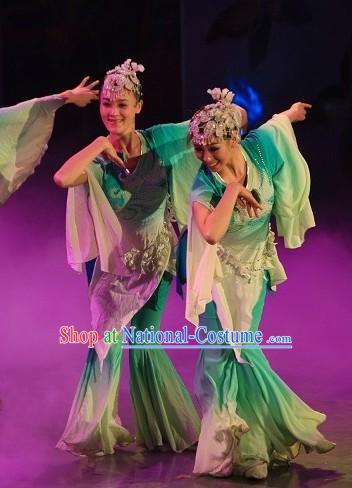 Green Jasmine Flower Dance Costumes and Headwear Complete Set for Women