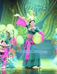 Chinese Ethnic Drum Dance Costume Dancewear and Headdress Complete Set