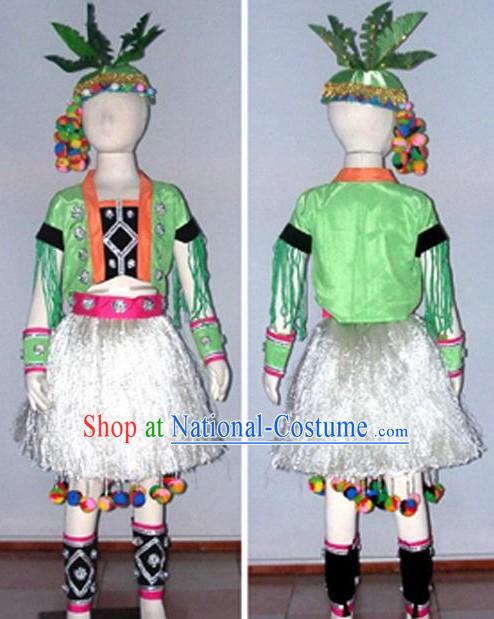 Chinese Ethnic Minority Dance Costume Dancewear and Headdress Kids Showcase Complete Set