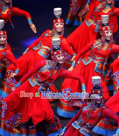 Mongolian Red Dance Costumes and Headdress Complete Set