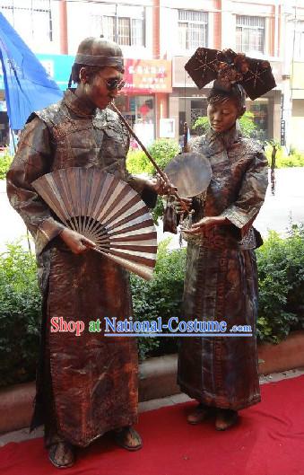 Action Art Living Sculpture Qing Dynasty Lady and Sir Props Costume Two Complete Sets