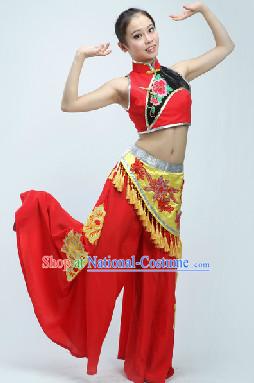 Mandarin Collar Chinese Folk Handkerchief Dance Costumes with Wide Leggings