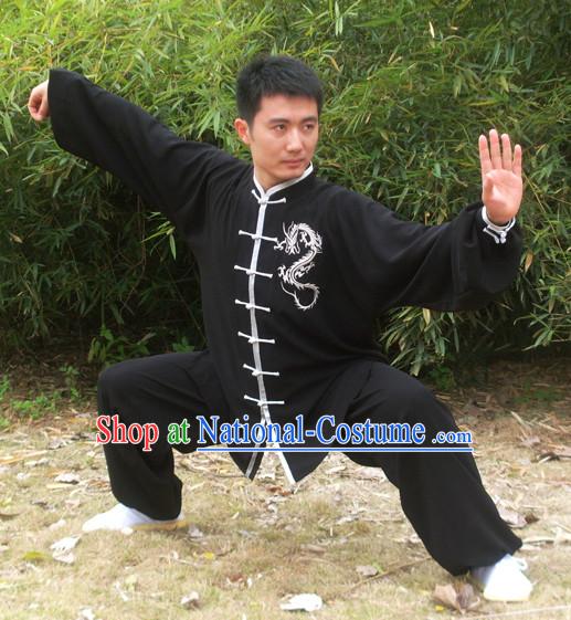 Morning Practice Black Kung Fu Uniform with Silver Dragon