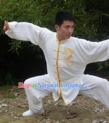 Morning Practice White Kung Fu Uniform with Gold Dragon