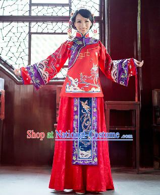 Traditional Chinese Romantic Phoenix Wedding Blouse and Skirt for Brides