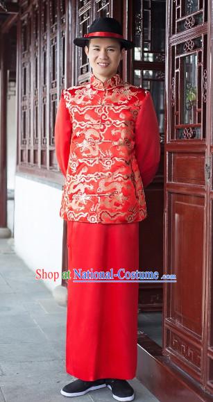 Chinese Classical Red Dragon Suit and Hat for Bridegrooms