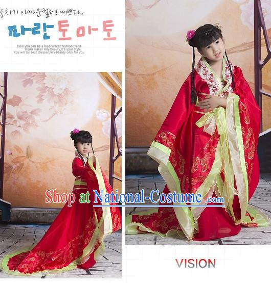 China Imperial Princess Red Hanfu Wedding Suit with Long Trail