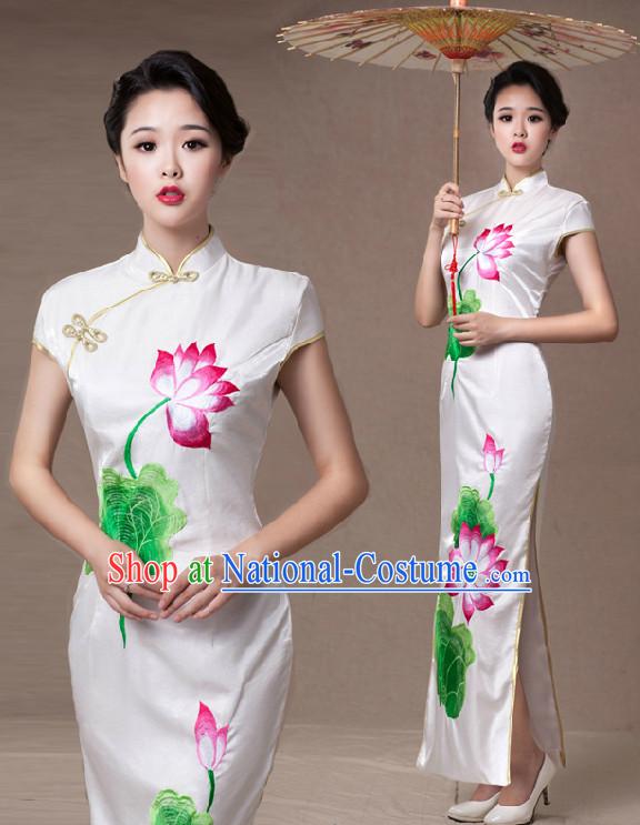 Lotus Embroidery Long Cheongsam and Umbrella