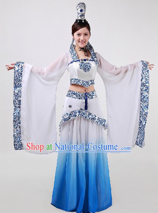 Top Chinese Blue and White Classical Dancing Costumes and Headwear Full Set for Women