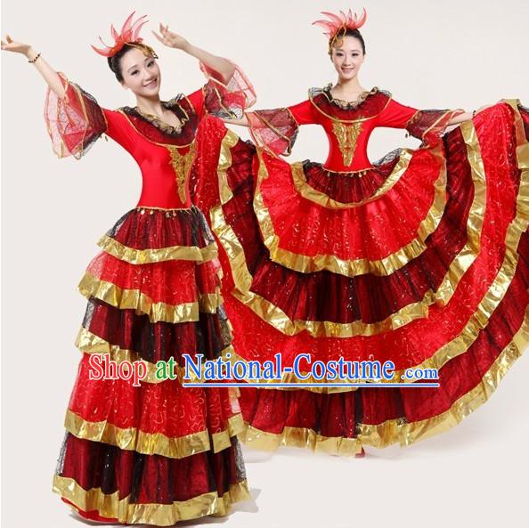 Professional Custom Make Stage Performance Spanish Dancing Costumes and Hair Accessories