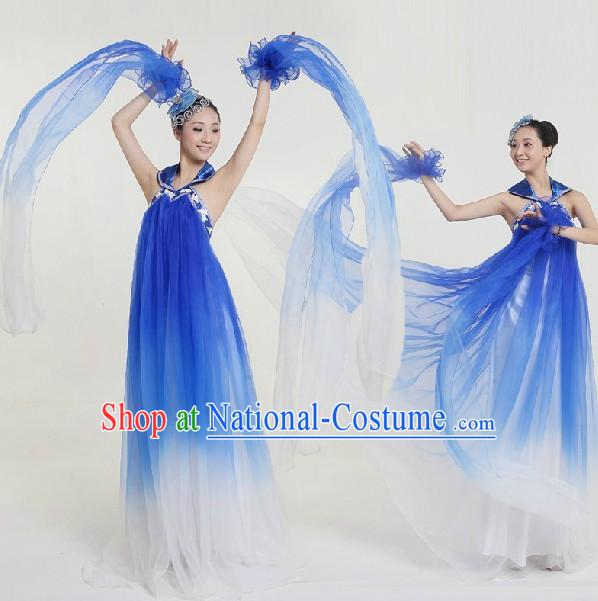 Top Custom Make Stage Performance Blue Ribbon Dancing Costumes and Headdress