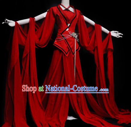 Ancient Chinese Red Princess Wide Sleeves Hanfu Clothes and Accessories Complete Set