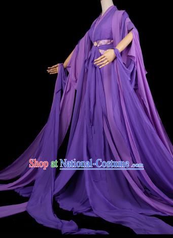 Traditional Chinese Pure Purple Hanfu Suit with Long Tail