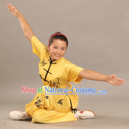 Short Sleeves Yellow Color Silk Martial Arts Competition Suit