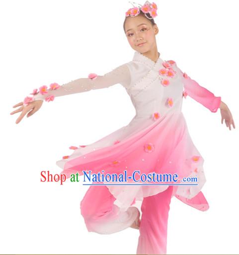 Traditional Chinese Peach Flower Dancing Costumes and Headwear for Women