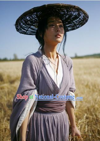 Chinese Mandarin Style Bamboo Hat and Hanfu Dresses Complete Set