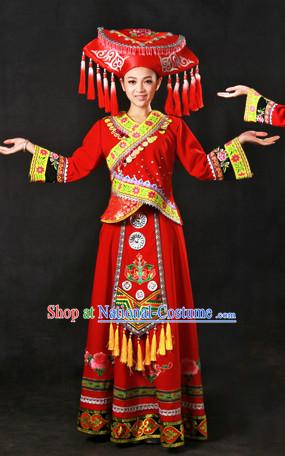 Chinese Zhuang Ethnic Minority Wedding Dress and Hat Complete Set for Brides