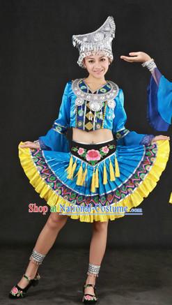 Blue China Miao People Ethnic Dresses and Hat Complete Set