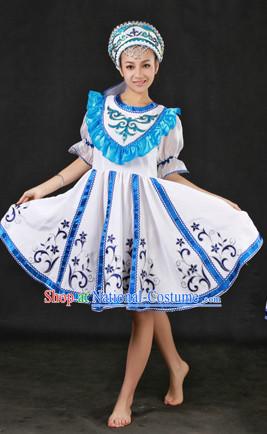 White Russia People Dance Costumes and Hat Complete Set