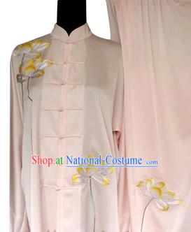 Professional Pink Lotus Embroidery Kung Fu Tai Chi Silk Uniform