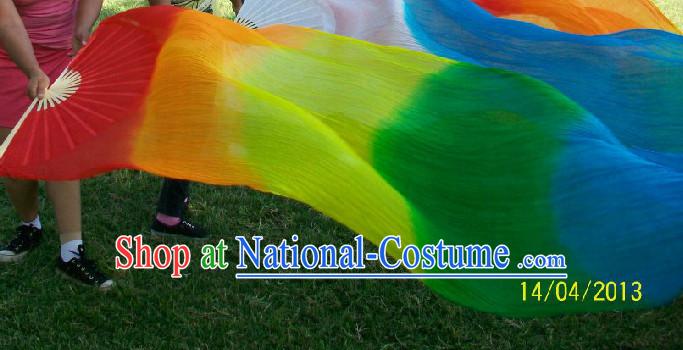 Professional Dancer Rainbow Color Long Silk Dance Fan