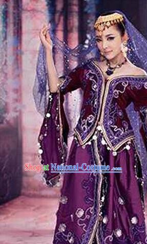 Xinjiang Purple Clothes and Hat Complete Set for Women