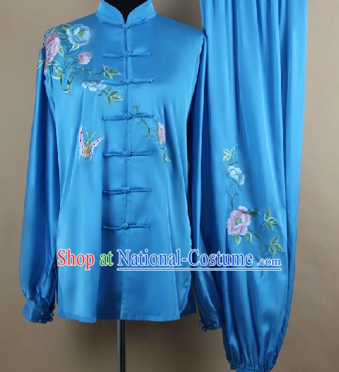 Traditional Chinese Blue Flower and Butterfly Martial Arts Uniform Complete Set