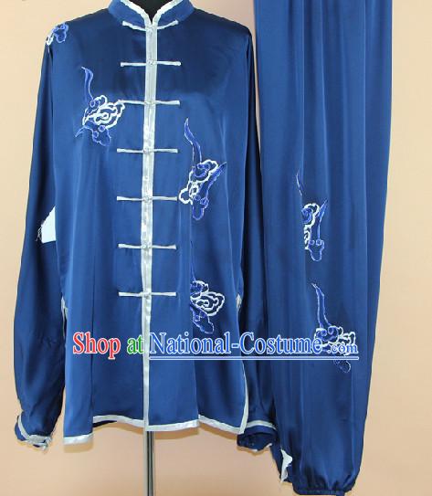 Traditional Chinese Blue Embroidered Martial Arts Uniform Complete Set