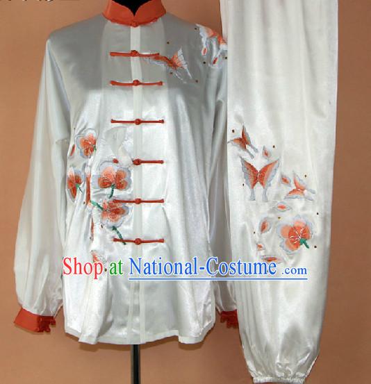 Traditional Chinese White Embroidered Flower and Butterfly Martial Arts Uniform Complete Set