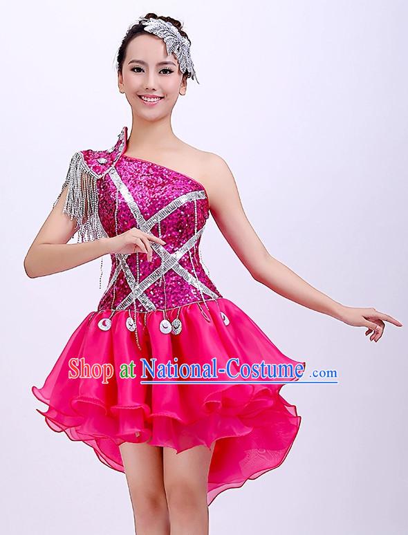 Chinese Dance Outfits Girls Short Skirt Dancewear and Headwear