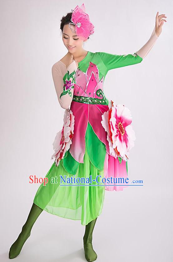 Chinese Professional Stage Flower Dancing Costume and Headwear Complete Set