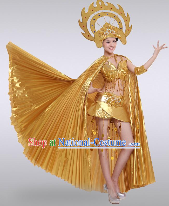 Gold Thailand Dance Costumes and Hat for Women