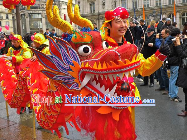 Traditional Chinese Red Dragon Dance Costumes for Four People