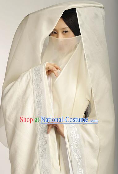 Chinese White Mysterious Hanfu Costumes and Hat Complete Set