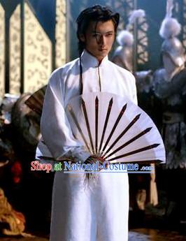 White Handsome Male Hanfu Mandarin Robe for Kung Fu Master