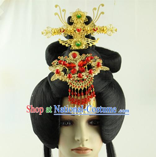 Ancient Chinese Princess Long Black Wigs and Handmade Hair Jewelry