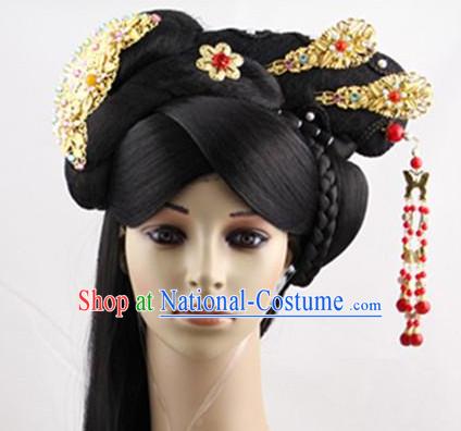 Ancient Chinese Palace Lady Black Wigs and Handmade Hair Accessories