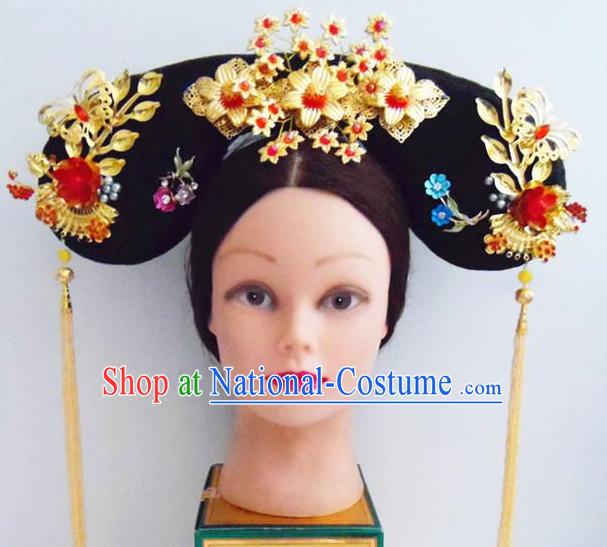 Ancient Chinese Palace Lady Qing Dynasty Wigs and Handmade Hair Accessories