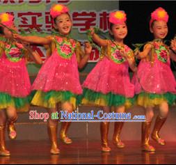 Chinese Girls Flower Dance Costumes and Headwear Complete Set for Children